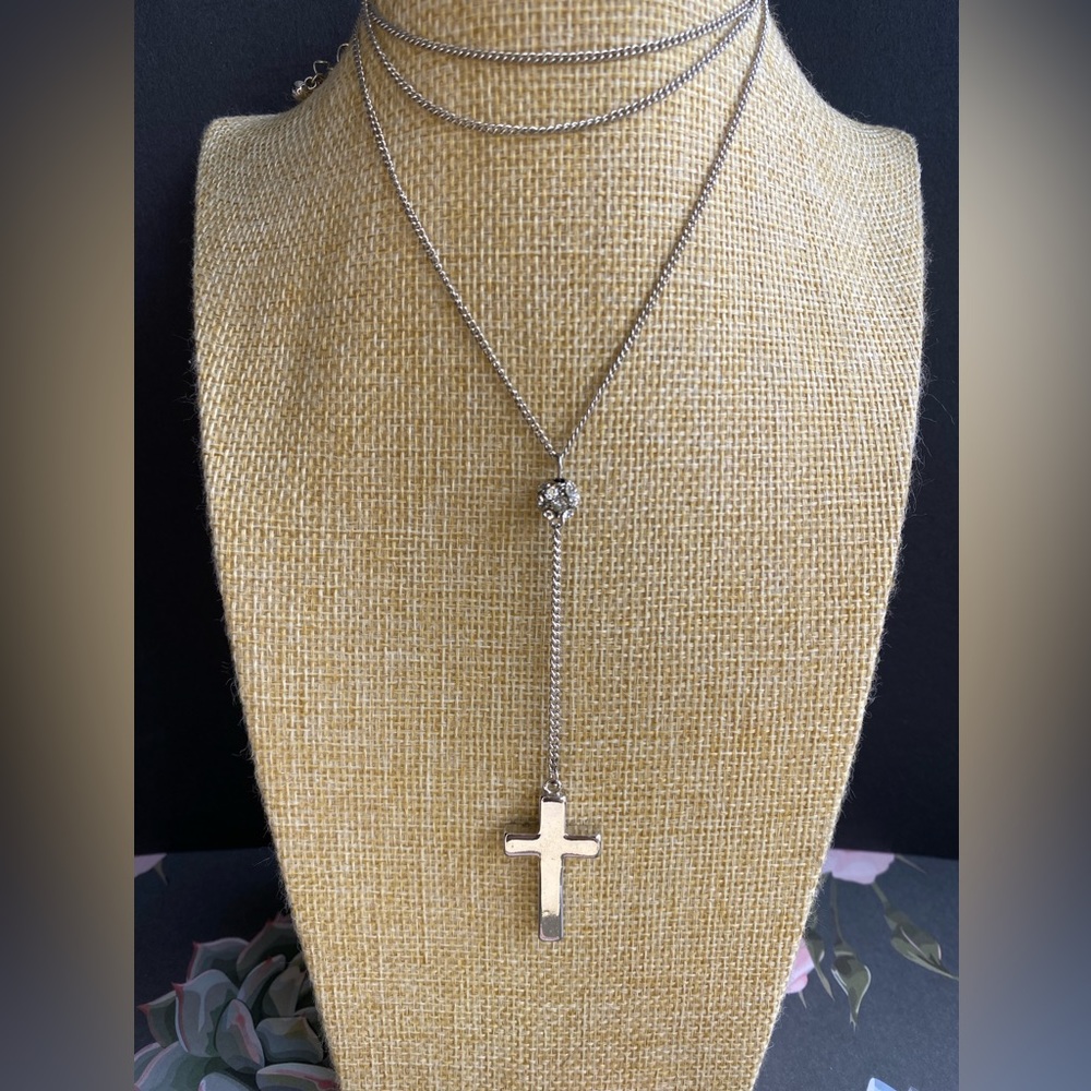 Silver Cross Drop Pendant Necklace with Pavé Ball
